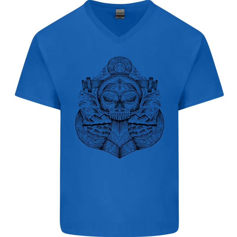 Anchor Skull Sailor Sailing Captain Pirate Ship Mens V-Neck Cotton T-Shirt Royal Blue