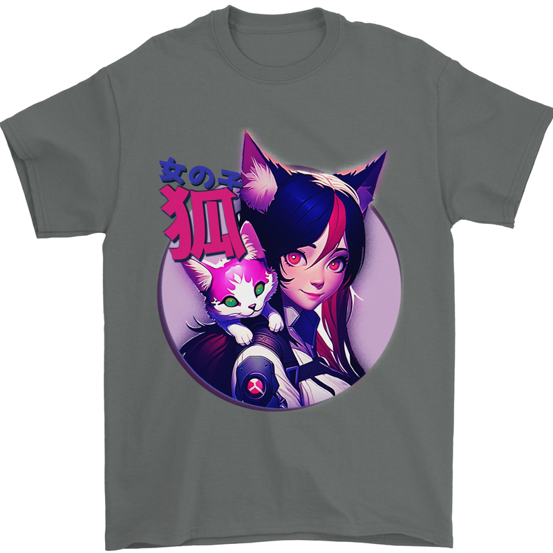 Anime Cat Girl Mens T-Shirt 100% Cotton Charcoal