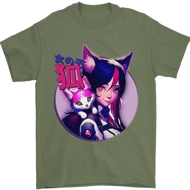 Anime Cat Girl Mens T-Shirt 100% Cotton Military Green