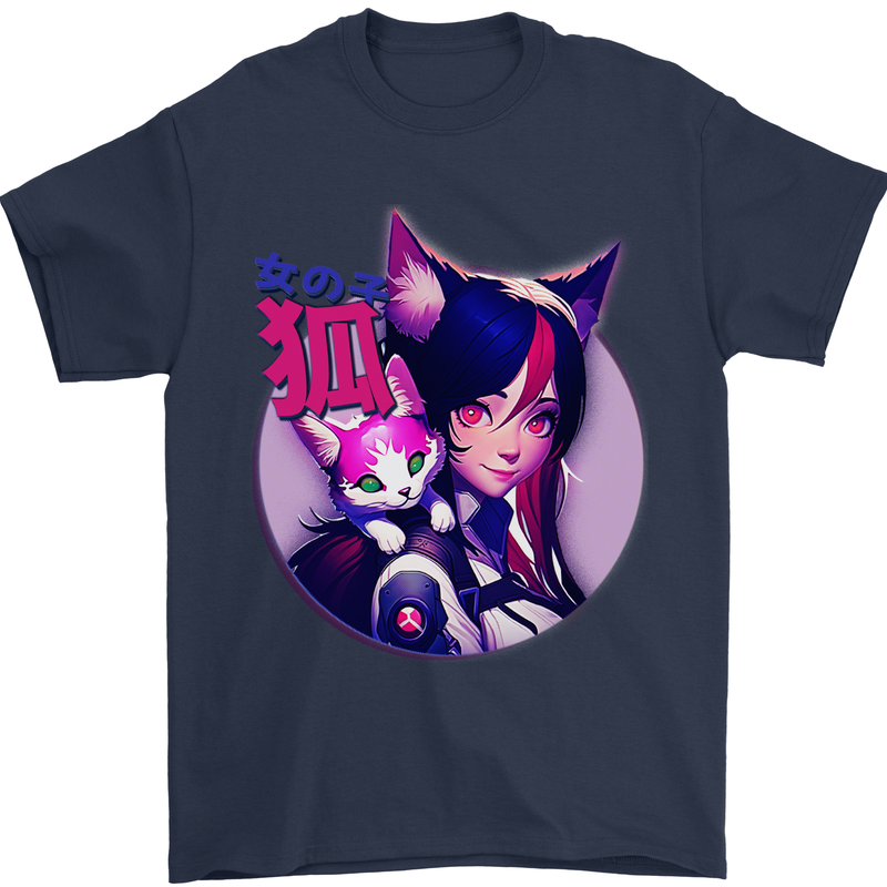 Anime Cat Girl Mens T-Shirt 100% Cotton Navy Blue