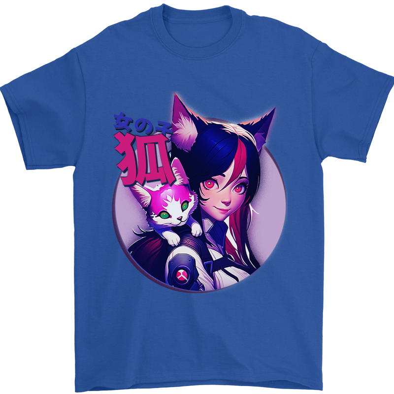 Anime Cat Girl Mens T-Shirt 100% Cotton Royal Blue
