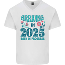 Arriving 2025 New Baby Pregnancy Pregnant Mens V-Neck Cotton T-Shirt White