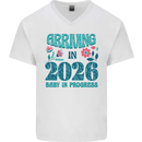 Arriving 2026 New Baby Pregnancy Pregnant Mens V-Neck Cotton T-Shirt White
