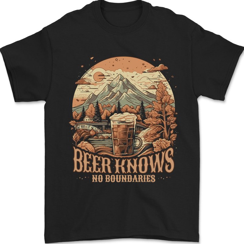 Beer Knows No Boundaries Camping hiking Mens T-Shirt 100% Cotton Black