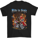 a black t - shirt with a picture of a woman on a motorcycle