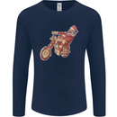 Biker Santa Christmas Motorcycle Chopper Skull Mens Long Sleeve T-Shirt Navy Blue