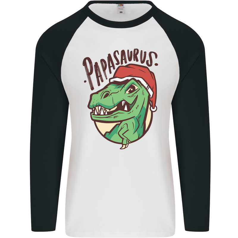 Christmas Papasaurus T-Rex Dinosaur Mens L/S Baseball T-Shirt White/Black