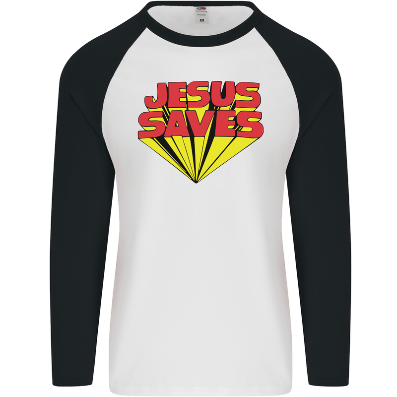 Jesus Saves Funny Christian Mens L/S Baseball T-Shirt White/Black