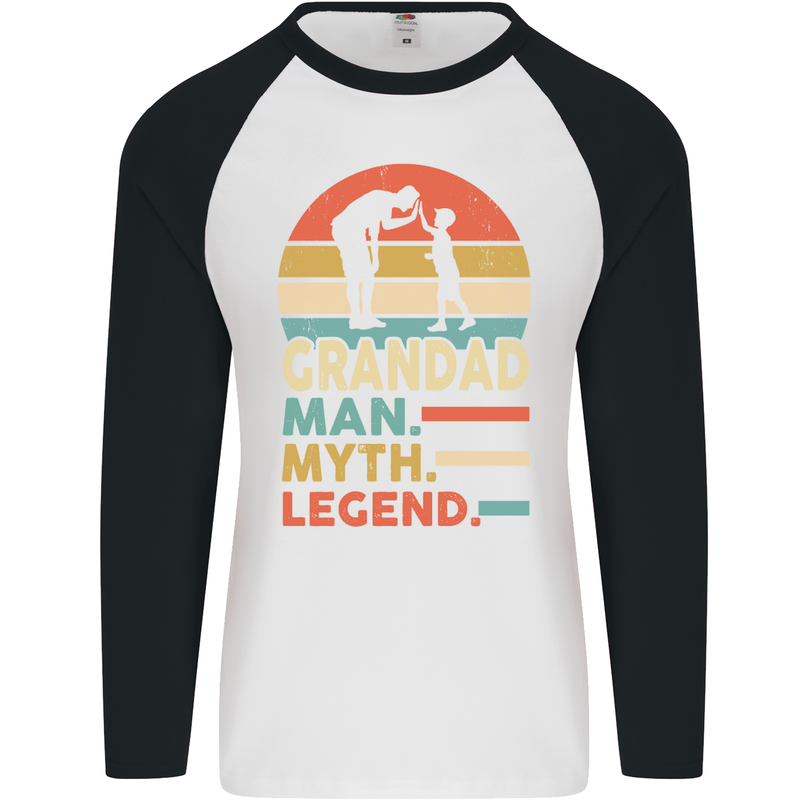 Grandad Man Myth Legend Funny Fathers Day Mens L/S Baseball T-Shirt White/Black
