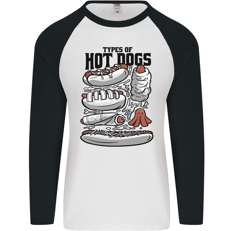 Types of Hot Dogs Funny Fast Food Mens L/S Baseball T-Shirt White/Black