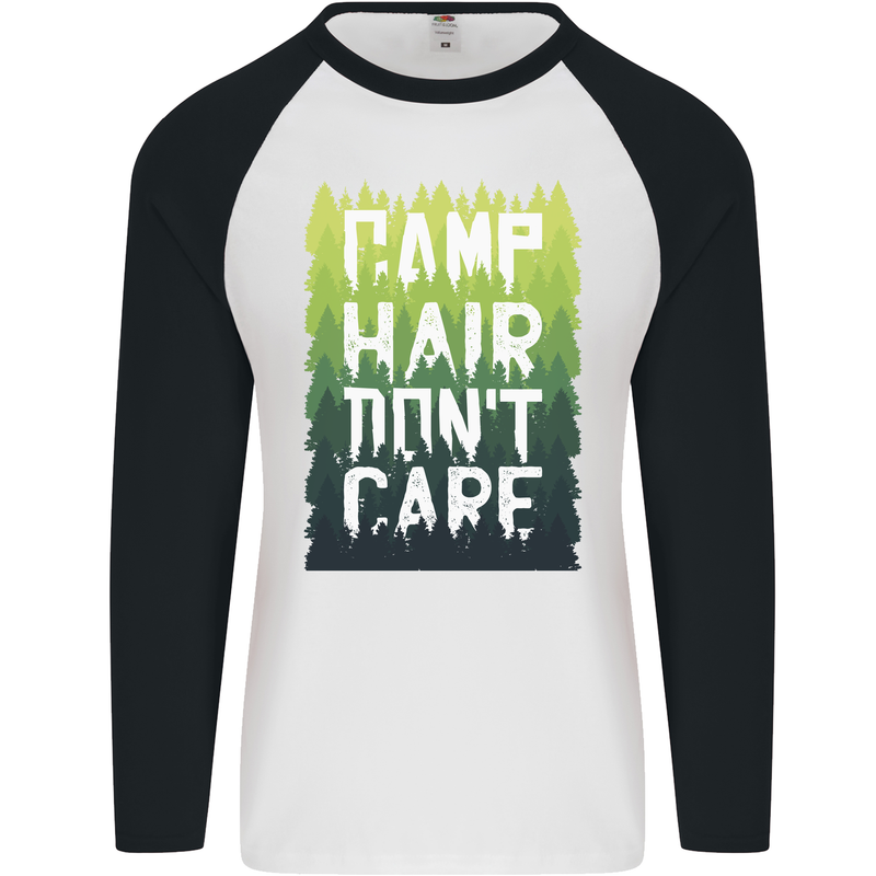 Camp Hair Dont Care Funny Caravan Camping Mens L/S Baseball T-Shirt White/Black