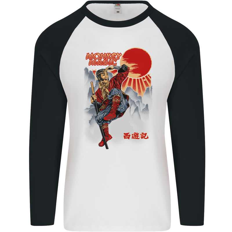 Monkey Magic Retro 70s Martial Arts TV Mens L/S Baseball T-Shirt White/Black