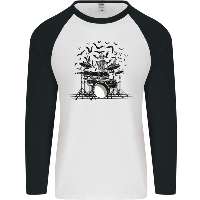 Skeleton Drummer Drumming Drum Skull Funny Mens L/S Baseball T-Shirt White/Black