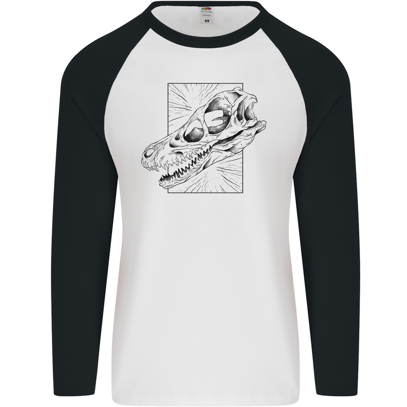 Velociraptor Skull Dinosaurs Palaeontology Mens L/S Baseball T-Shirt White/Black