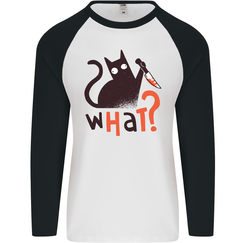What? Funny Murderous Black Cat Halloween Mens L/S Baseball T-Shirt White/Black