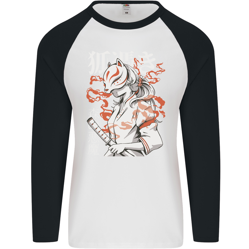 Japanese Kitsune Paranormal Fox Mens L/S Baseball T-Shirt White/Black