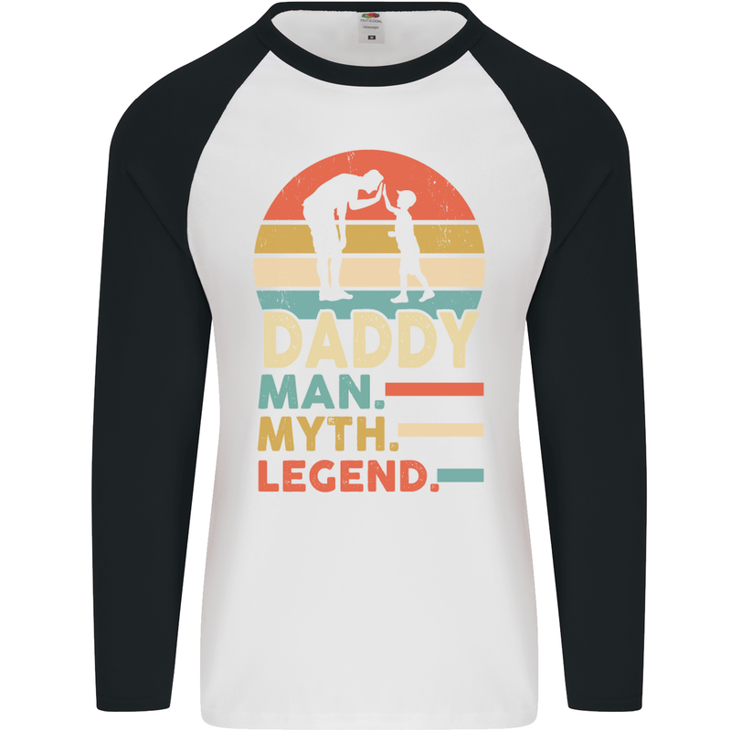 Daddy Man Myth Legend Funny Fathers Day Mens L/S Baseball T-Shirt White/Black