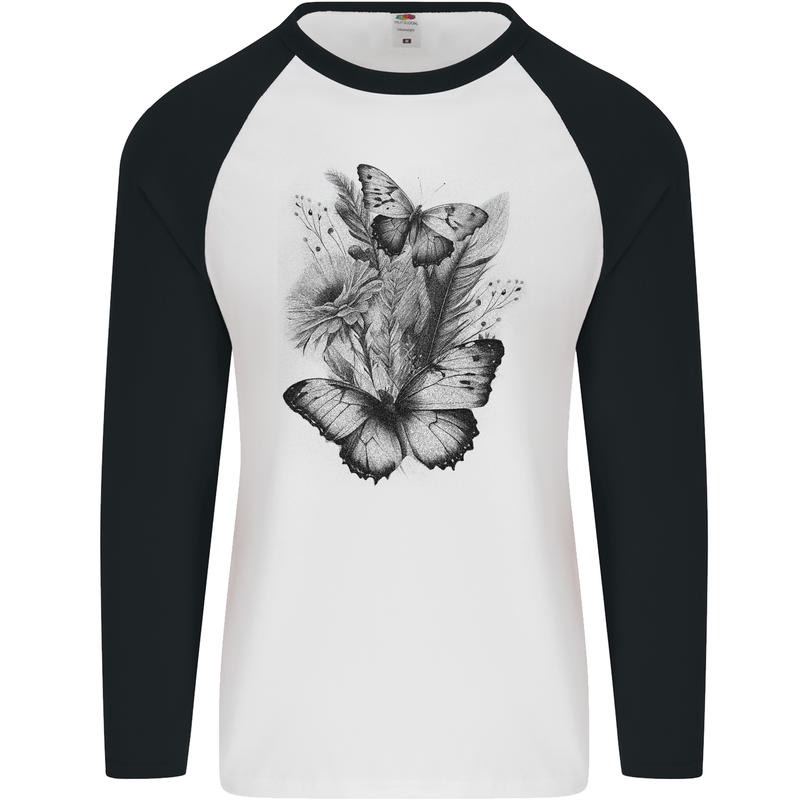 Butterflies & Flowers in the Wild Nature Mens L/S Baseball T-Shirt White/Black