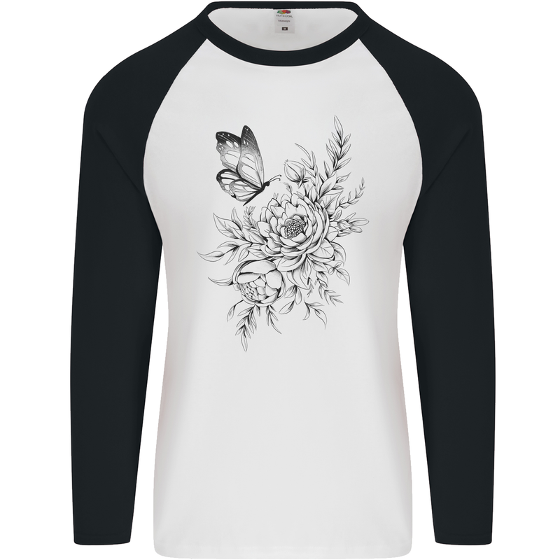 Butterfly & Flowers Mens L/S Baseball T-Shirt White/Black
