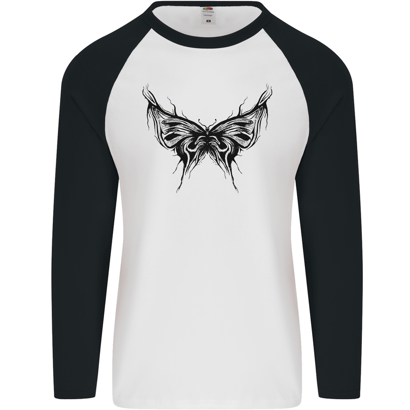 Abstract Butterfly Mens L/S Baseball T-Shirt White/Black