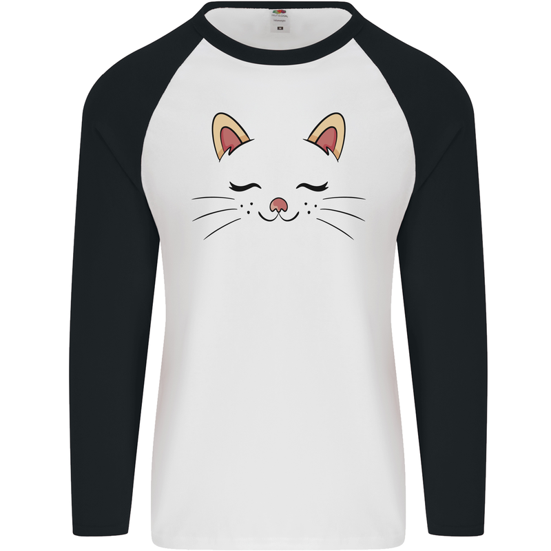 Cute Cat Face Mens L/S Baseball T-Shirt White/Black