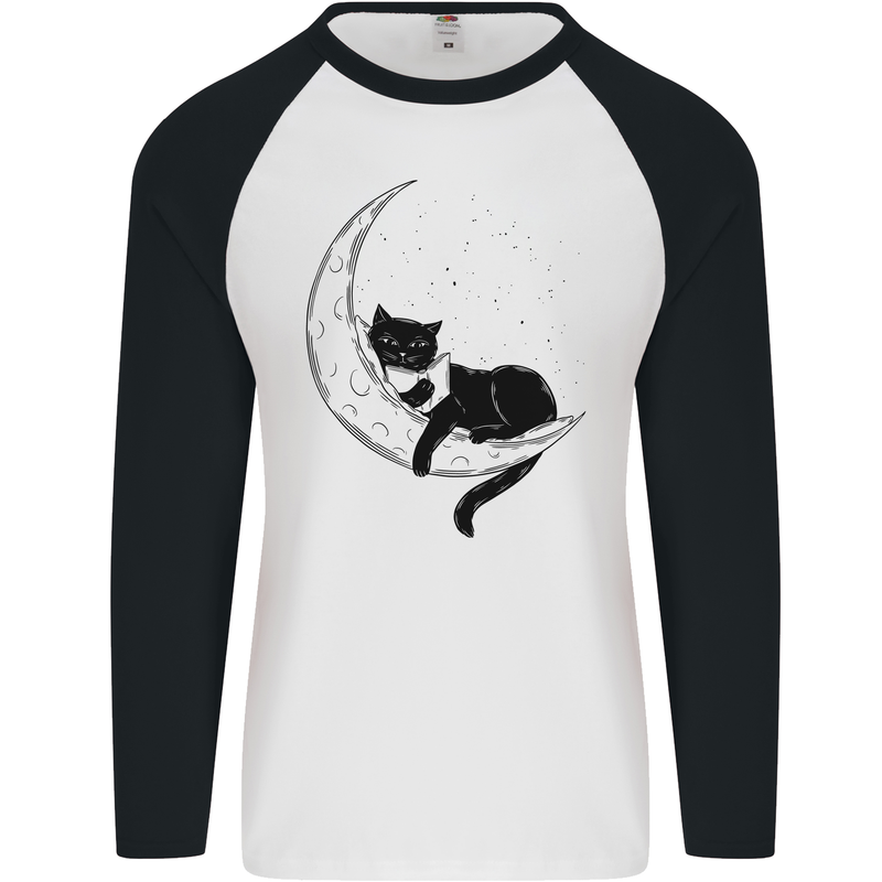 A Cat Reading a Book on the Moon Mens L/S Baseball T-Shirt White/Black
