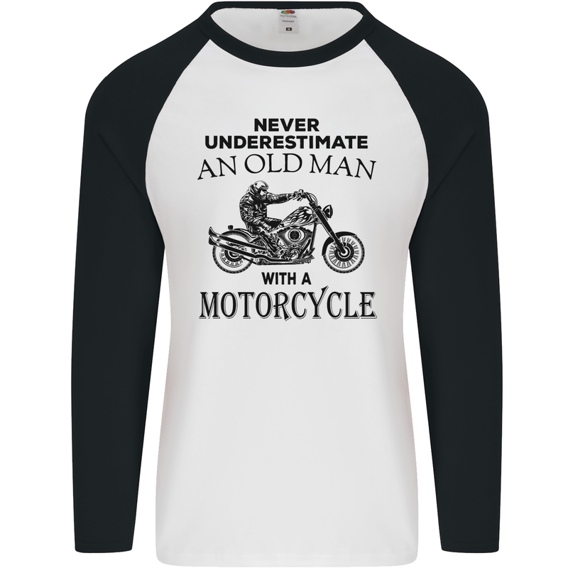 Old Man With a Motorcycle Biker Motorcycle Mens L/S Baseball T-Shirt White/Black