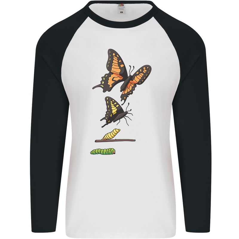 Butterfly Evolution Caterpillar Butterflies Mens L/S Baseball T-Shirt White/Black