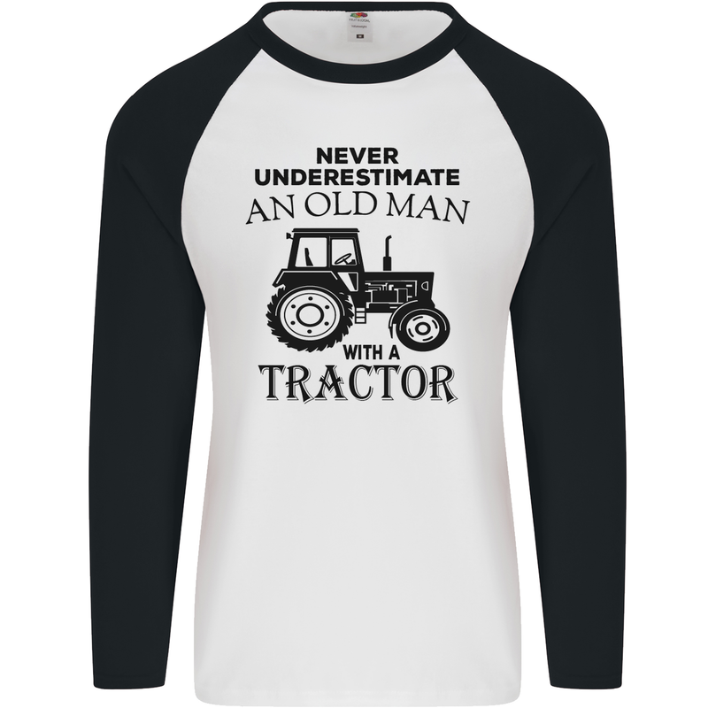 Old Man With a Tractor Driver Farmer Farm Mens L/S Baseball T-Shirt White/Black