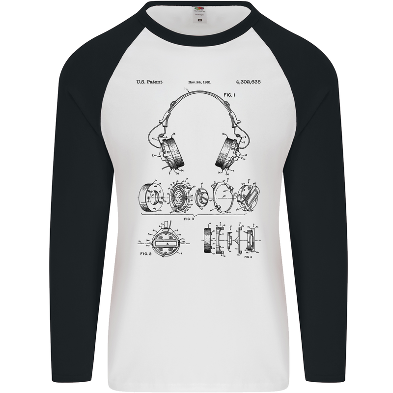Headphones Patent Blueprint Dance Music DJ Mens L/S Baseball T-Shirt White/Black
