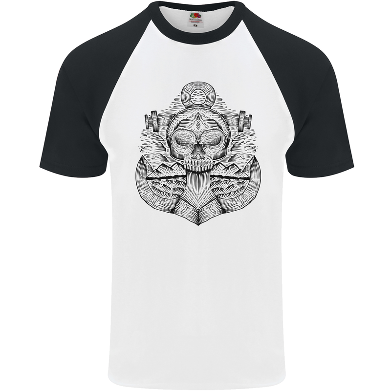 Anchor Skull Sailor Sailing Captain Pirate Ship Mens S/S Baseball T-Shirt White/Black