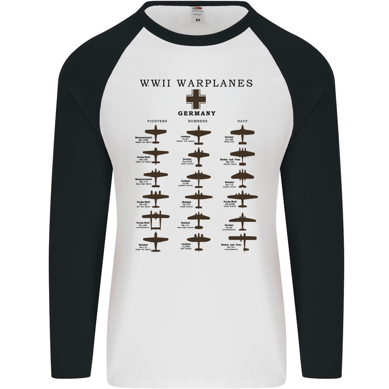 German War Planes WWII Fighters Aircraft Mens L/S Baseball T-Shirt White/Black