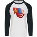 Curled Mongolia Flag Mongolian Day Football Mens L/S Baseball T-Shirt White/Black