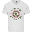 Blame It on My Hippy Soul 60s 70s Flower Power Mens V-Neck Cotton T-Shirt White