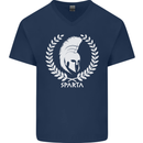 Bodybuilding Gym Training Sparta Helmet Mens V-Neck Cotton T-Shirt Navy Blue