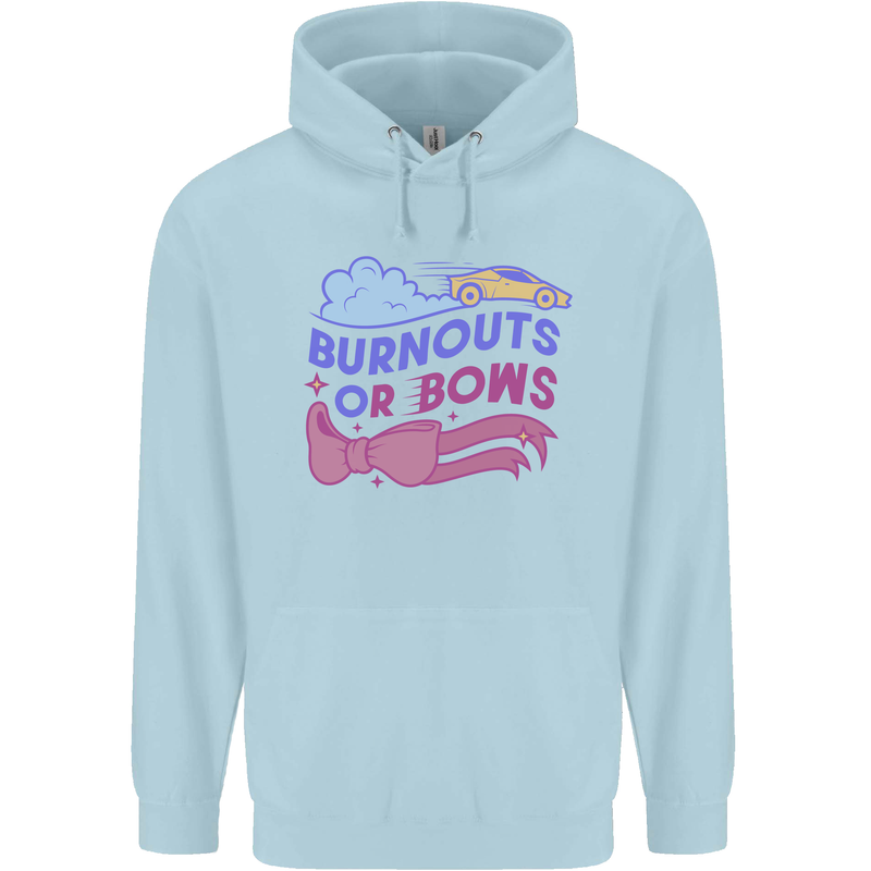 Burnouts or Bows Gender Reveal New Baby Pregnant Childrens Kids Hoodie Light Blue