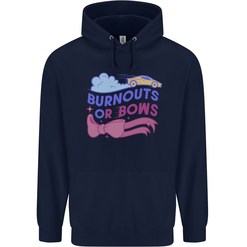 Burnouts or Bows Gender Reveal New Baby Pregnant Childrens Kids Hoodie Navy Blue