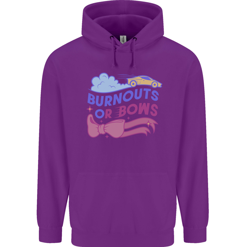 Burnouts or Bows Gender Reveal New Baby Pregnant Childrens Kids Hoodie Purple