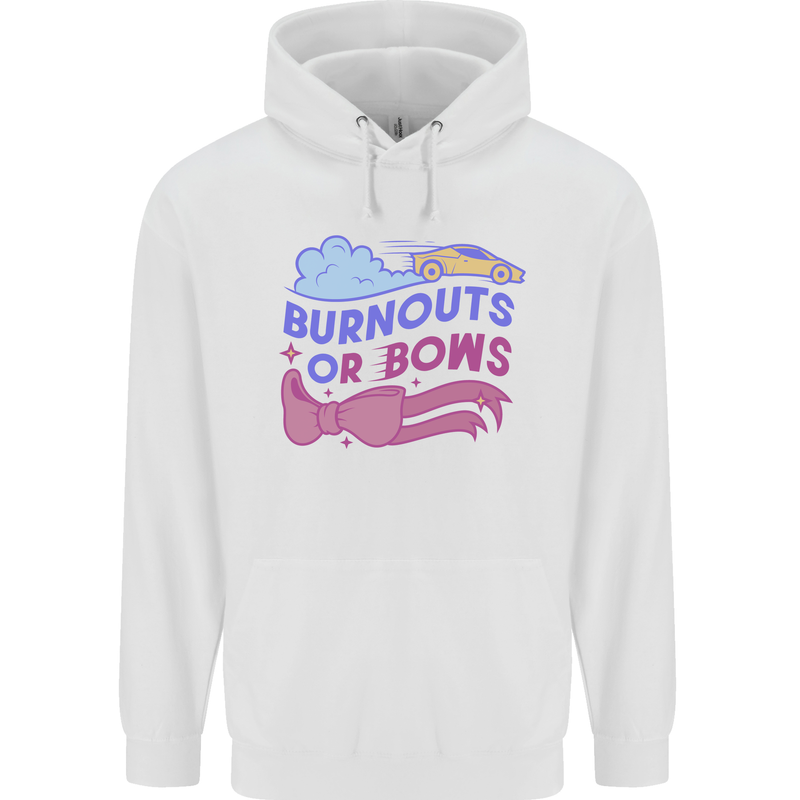 Burnouts or Bows Gender Reveal New Baby Pregnant Childrens Kids Hoodie White
