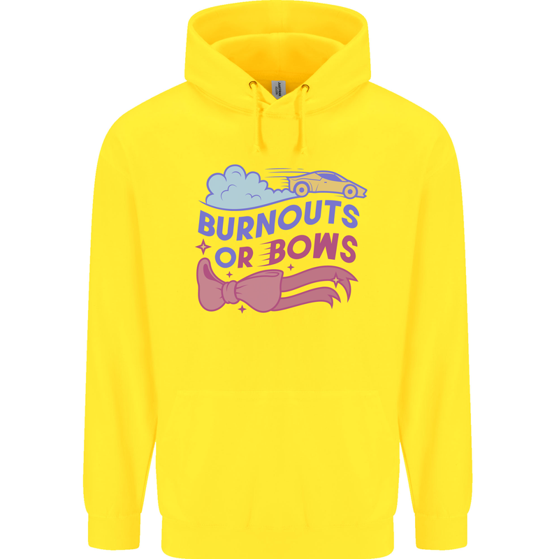 Burnouts or Bows Gender Reveal New Baby Pregnant Childrens Kids Hoodie Yellow