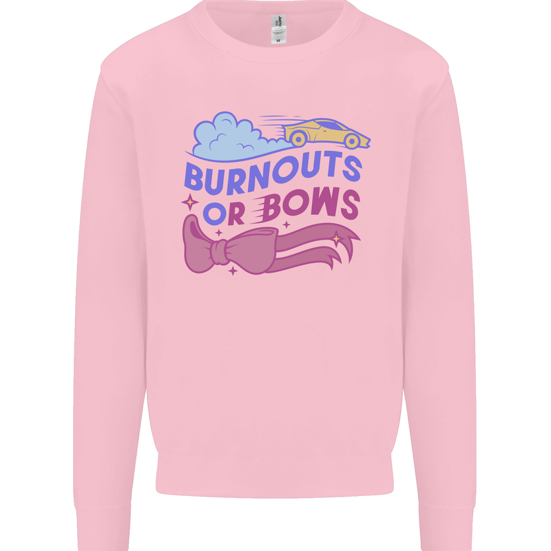 Burnouts or Bows Gender Reveal New Baby Pregnant Kids Sweatshirt Jumper Light Pink