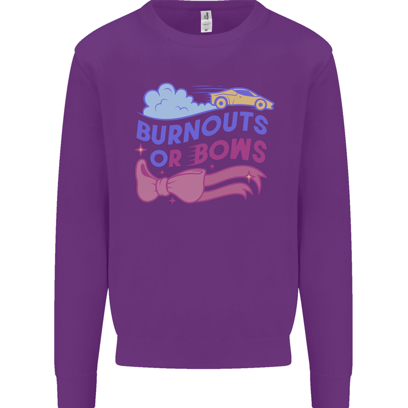 Burnouts or Bows Gender Reveal New Baby Pregnant Kids Sweatshirt Jumper Purple