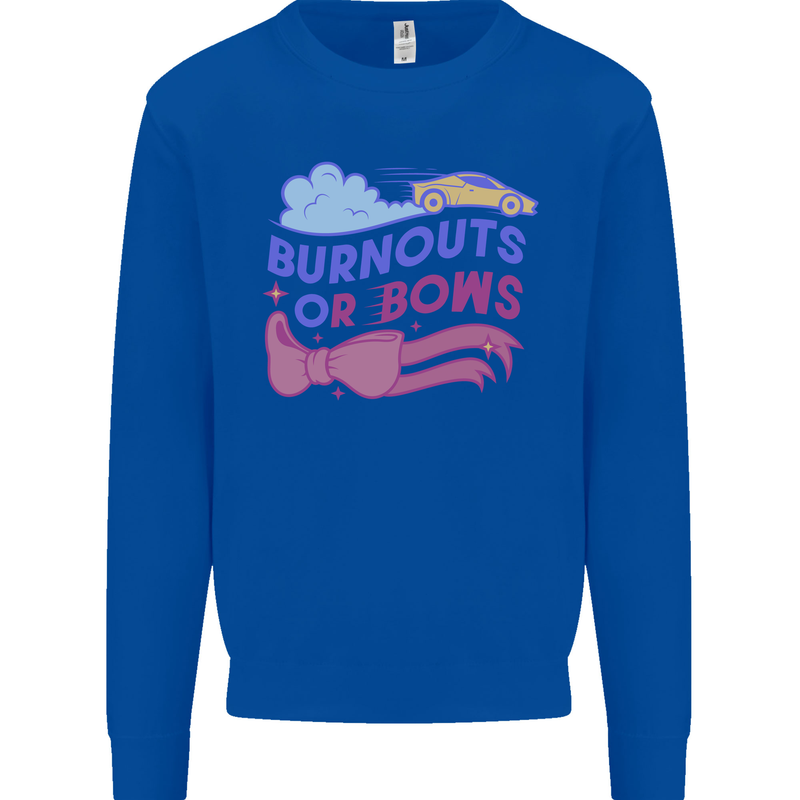 Burnouts or Bows Gender Reveal New Baby Pregnant Kids Sweatshirt Jumper Royal Blue
