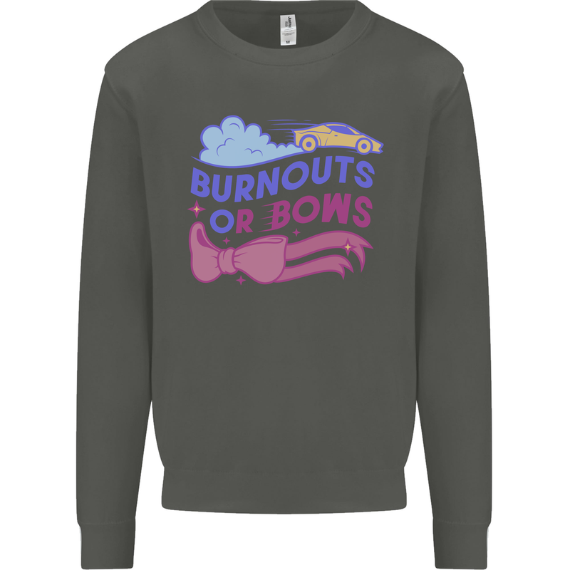 Burnouts or Bows Gender Reveal New Baby Pregnant Kids Sweatshirt Jumper Storm Grey