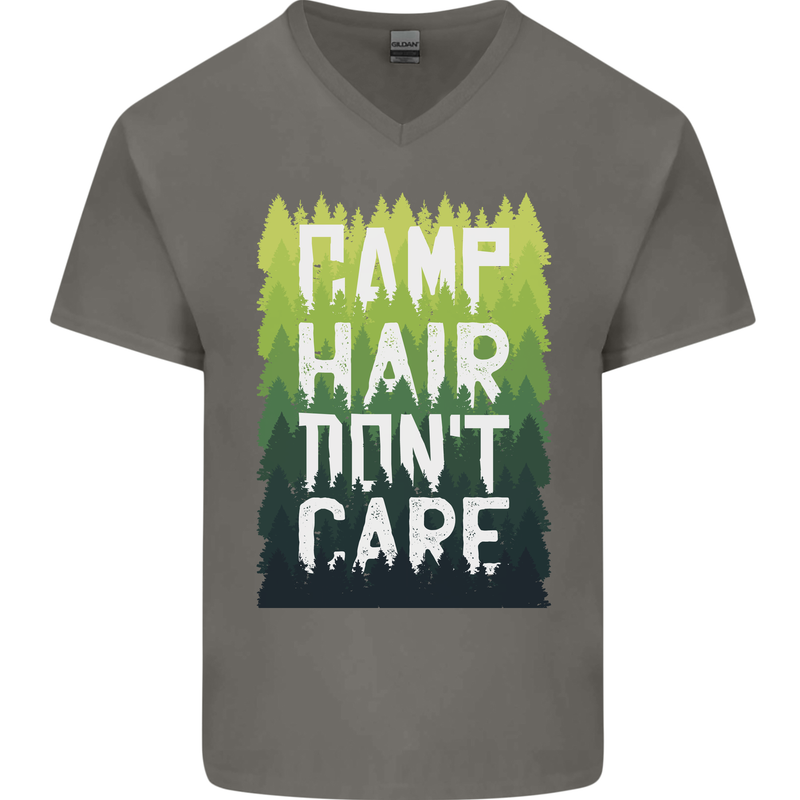 Camp Hair Dont Care Funny Camping Caravan Mens V-Neck Cotton T-Shirt Charcoal