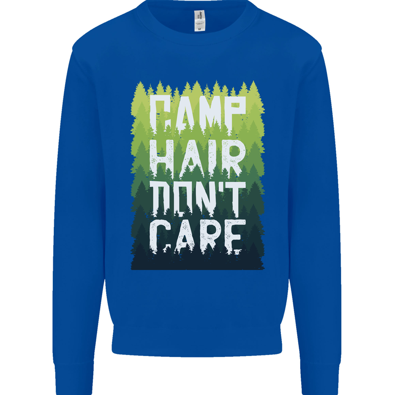 Camp Hair Dont Care Funny Caravan Camping Kids Sweatshirt Jumper Royal Blue