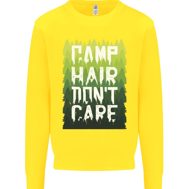 Camp Hair Dont Care Funny Caravan Camping Kids Sweatshirt Jumper Yellow