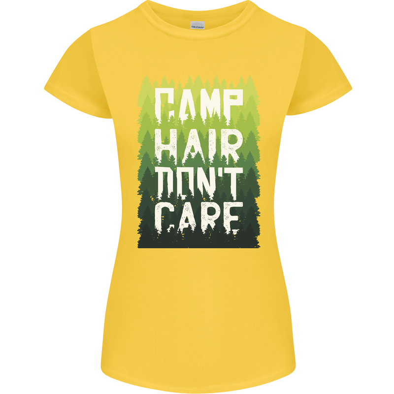 Camp Hair Dont Care Funny Caravan Camping Womens Petite Cut T-Shirt Yellow
