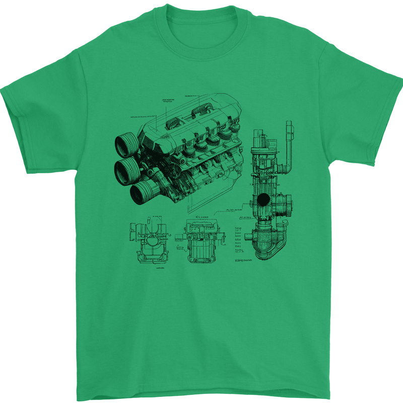 Car Engine Blueprints Petrolhead Mens T-Shirt 100% Cotton Irish Green