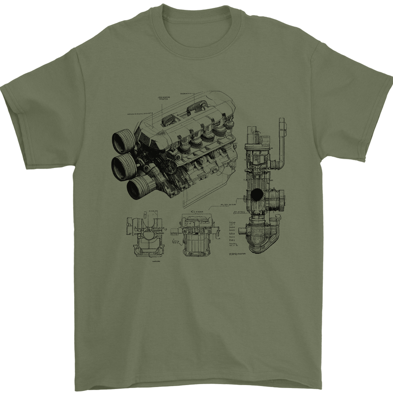 Car Engine Blueprints Petrolhead Mens T-Shirt 100% Cotton Military Green